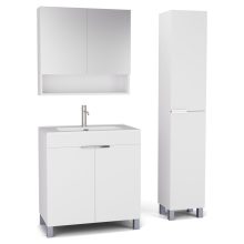 HD Paris Matt White 80 komplett fürdőszoba bútor szett álló mosdószekrénnyel, fényes króm elemekkel, tükrös szekrénnyel és magasszekrénnyel