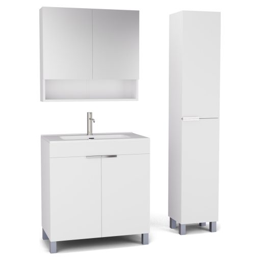 HD Paris Matt White 80 komplett fürdőszoba bútor szett álló mosdószekrénnyel, fényes króm elemekkel, tükrös szekrénnyel és magasszekrénnyel
