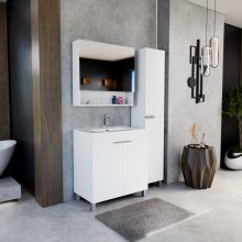 HD Paris Matt White 80 komplett fürdőszoba bútor szett álló mosdószekrénnyel, fényes króm elemekkel, tükrös szekrénnyel és magasszekrénnyel