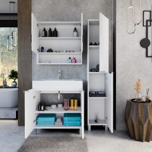 HD Paris Matt White 80 komplett fürdőszoba bútor szett álló mosdószekrénnyel, fényes króm elemekkel, tükrös szekrénnyel és magasszekrénnyel