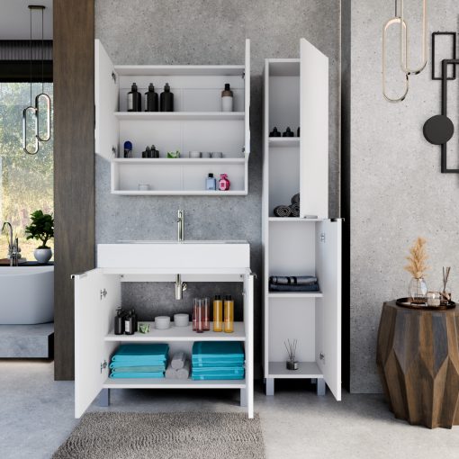 HD Paris Matt White 80 komplett fürdőszoba bútor szett álló mosdószekrénnyel, fényes króm elemekkel, tükrös szekrénnyel és magasszekrénnyel