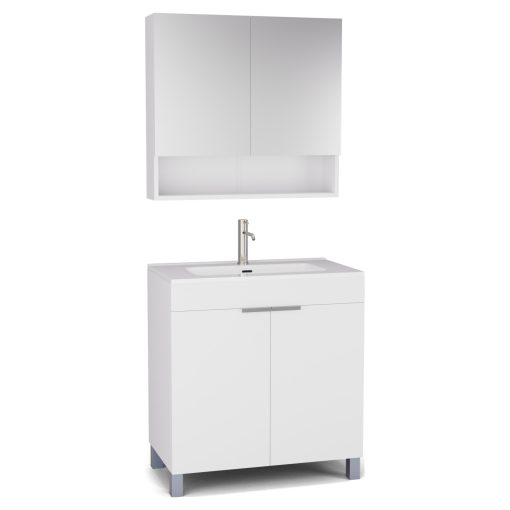 HD Paris Matt White 80 komplett fürdőszoba bútor álló mosdószekrénnyel, szálcsiszolt króm elemekkel és tükrös szekrénnyel