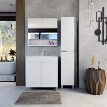 HD Paris Matt White 80 komplett fürdőszoba bútor álló mosdószekrénnyel, szálcsiszolt króm elemekkel és tükrös szekrénnyel