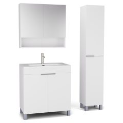   HD Paris Matt White 80 komplett fürdőszoba bútor szett álló mosdószekrénnyel, szálcsiszolt króm elemekkel, tükrös szekrénnyel és magasszekrénnyel