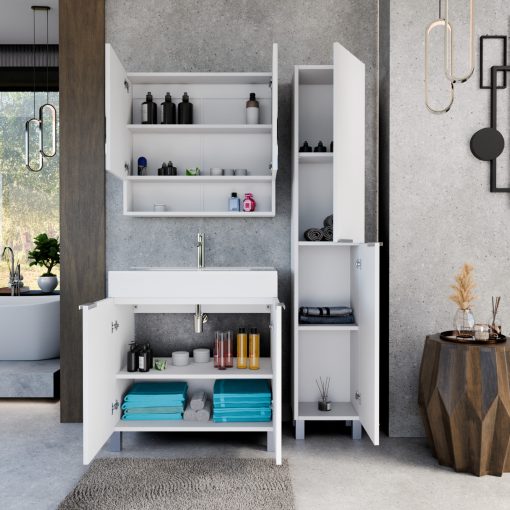 HD Paris Matt White 80 komplett fürdőszoba bútor szett álló mosdószekrénnyel, szálcsiszolt króm elemekkel, tükrös szekrénnyel és magasszekrénnyel