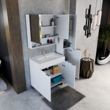 HD Paris Matt White 80 komplett fürdőszoba bútor szett álló mosdószekrénnyel, szálcsiszolt króm elemekkel, tükrös szekrénnyel és magasszekrénnyel