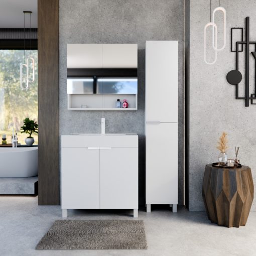 HD Paris Matt White 80 komplett fürdőszoba bútor álló mosdószekrénnyel, matt fehér elemekkel és tükrös szekrénnyel