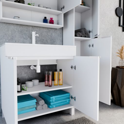 HD Paris Matt White 80 komplett fürdőszoba bútor álló mosdószekrénnyel, matt fehér elemekkel és tükrös szekrénnyel