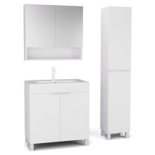 HD Paris Matt White 80 komplett fürdőszoba bútor szett álló mosdószekrénnyel, matt fehér elemekkel, tükrös szekrénnyel és magasszekrénnyel