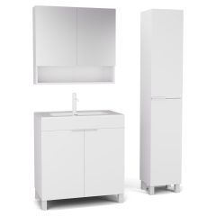   HD Paris Matt White 80 komplett fürdőszoba bútor szett álló mosdószekrénnyel, matt fehér elemekkel, tükrös szekrénnyel és magasszekrénnyel