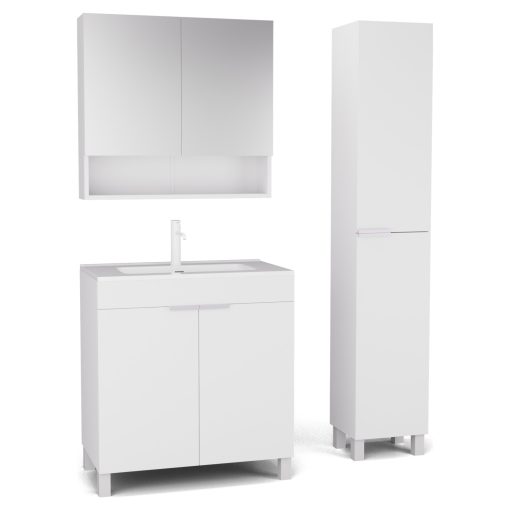 HD Paris Matt White 80 komplett fürdőszoba bútor szett álló mosdószekrénnyel, matt fehér elemekkel, tükrös szekrénnyel és magasszekrénnyel
