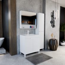 HD Paris Matt White 80 komplett fürdőszoba bútor szett álló mosdószekrénnyel, matt fehér elemekkel, tükrös szekrénnyel és magasszekrénnyel