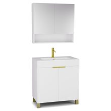 HD Paris Matt White 80 komplett fürdőszoba bútor álló mosdószekrénnyel, szálcsiszolt arany elemekkel és tükrös szekrénnyel