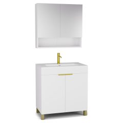   HD Paris Matt White 80 komplett fürdőszoba bútor álló mosdószekrénnyel, szálcsiszolt arany elemekkel és tükrös szekrénnyel