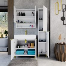 HD Paris Matt White 80 komplett fürdőszoba bútor álló mosdószekrénnyel, szálcsiszolt arany elemekkel és tükrös szekrénnyel