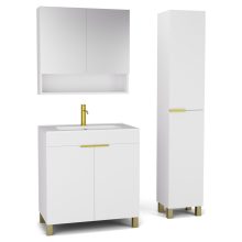 HD Paris Matt White 80 komplett fürdőszoba bútor szett álló mosdószekrénnyel, szálcsiszolt arany elemekkel, tükrös szekrénnyel és magasszekrénnyel