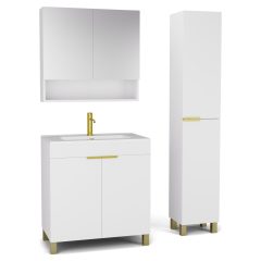   HD Paris Matt White 80 komplett fürdőszoba bútor szett álló mosdószekrénnyel, szálcsiszolt arany elemekkel, tükrös szekrénnyel és magasszekrénnyel