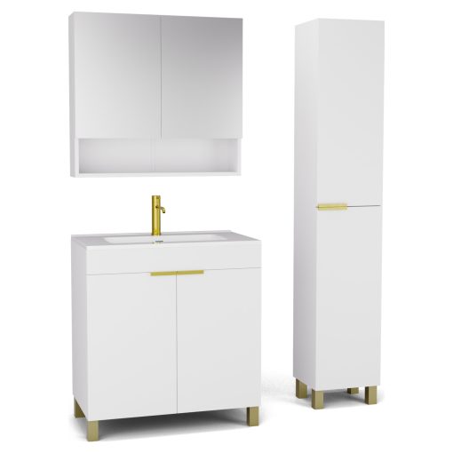 HD Paris Matt White 80 komplett fürdőszoba bútor szett álló mosdószekrénnyel, szálcsiszolt arany elemekkel, tükrös szekrénnyel és magasszekrénnyel