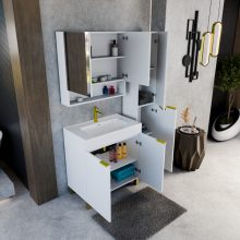 HD Paris Matt White 80 komplett fürdőszoba bútor szett álló mosdószekrénnyel, szálcsiszolt arany elemekkel, tükrös szekrénnyel és magasszekrénnyel