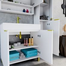 HD Paris Matt White 80 komplett fürdőszoba bútor szett álló mosdószekrénnyel, szálcsiszolt arany elemekkel, tükrös szekrénnyel és magasszekrénnyel