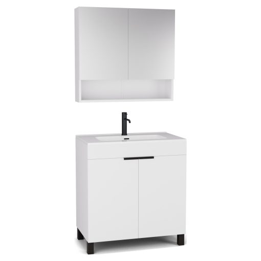 HD Paris Matt White 80 komplett fürdőszoba bútor álló mosdószekrénnyel, matt fekete elemekkel és tükrös szekrénnyel