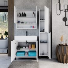 HD Paris Matt White 80 komplett fürdőszoba bútor álló mosdószekrénnyel, matt fekete elemekkel és tükrös szekrénnyel