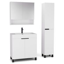 HD Paris Matt White 80 komplett fürdőszoba bútor szett álló mosdószekrénnyel, matt fekete elemekkel, tükrös szekrénnyel és magasszekrénnyel