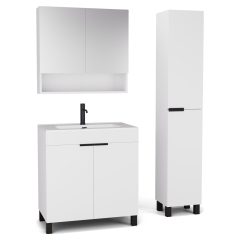   HD Paris Matt White 80 komplett fürdőszoba bútor szett álló mosdószekrénnyel, matt fekete elemekkel, tükrös szekrénnyel és magasszekrénnyel