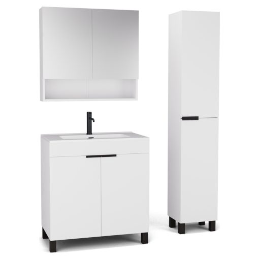 HD Paris Matt White 80 komplett fürdőszoba bútor szett álló mosdószekrénnyel, matt fekete elemekkel, tükrös szekrénnyel és magasszekrénnyel