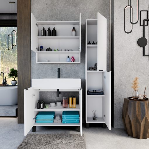 HD Paris Matt White 80 komplett fürdőszoba bútor szett álló mosdószekrénnyel, matt fekete elemekkel, tükrös szekrénnyel és magasszekrénnyel