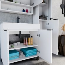 HD Paris Matt White 80 komplett fürdőszoba bútor szett álló mosdószekrénnyel, matt fekete elemekkel, tükrös szekrénnyel és magasszekrénnyel