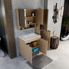 HD Paris Oak 80 komplett fürdőszoba bútor szett álló mosdószekrénnyel, fényes króm elemekkel, tükrös szekrénnyel és magasszekrénnyel