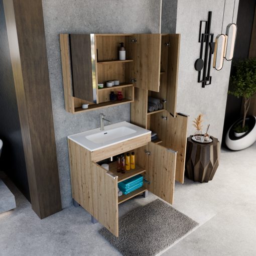 HD Paris Oak 80 komplett fürdőszoba bútor szett álló mosdószekrénnyel, fényes króm elemekkel, tükrös szekrénnyel és magasszekrénnyel