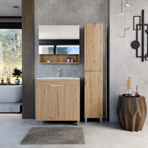 HD Paris Oak 80 komplett fürdőszoba bútor álló mosdószekrénnyel, szálcsiszolt króm elemekkel és tükrös szekrénnyel