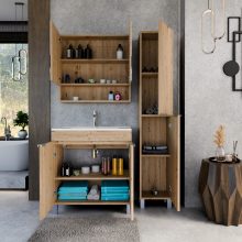 HD Paris Oak 80 komplett fürdőszoba bútor álló mosdószekrénnyel, szálcsiszolt króm elemekkel és tükrös szekrénnyel