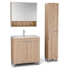 HD Paris Oak 80 komplett fürdőszoba bútor szett álló mosdószekrénnyel, szálcsiszolt króm elemekkel, tükrös szekrénnyel és magasszekrénnyel