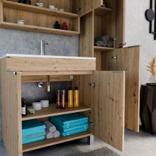 HD Paris Oak 80 komplett fürdőszoba bútor szett álló mosdószekrénnyel, szálcsiszolt króm elemekkel, tükrös szekrénnyel és magasszekrénnyel