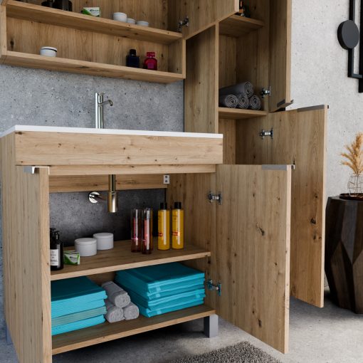 HD Paris Oak 80 komplett fürdőszoba bútor szett álló mosdószekrénnyel, szálcsiszolt króm elemekkel, tükrös szekrénnyel és magasszekrénnyel