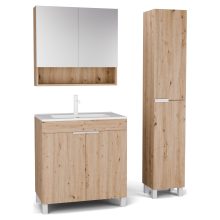 HD Paris Oak 80 komplett fürdőszoba bútor szett álló mosdószekrénnyel, matt fehér elemekkel, tükrös szekrénnyel és magasszekrénnyel