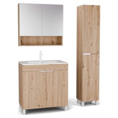   HD Paris Oak 80 komplett fürdőszoba bútor szett álló mosdószekrénnyel, matt fehér elemekkel, tükrös szekrénnyel és magasszekrénnyel