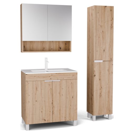 HD Paris Oak 80 komplett fürdőszoba bútor szett álló mosdószekrénnyel, matt fehér elemekkel, tükrös szekrénnyel és magasszekrénnyel