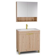   HD Paris Oak 80 komplett fürdőszoba bútor álló mosdószekrénnyel, szálcsiszolt arany elemekkel és tükrös szekrénnyel