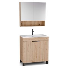   HD Paris Oak 80 komplett fürdőszoba bútor álló mosdószekrénnyel, matt fekete elemekkel és tükrös szekrénnyel