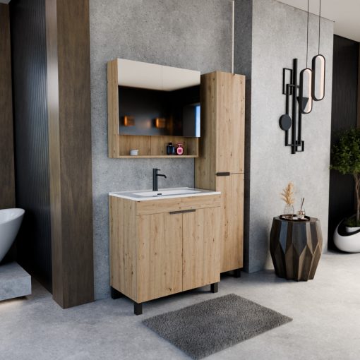 HD Paris Oak 80 komplett fürdőszoba bútor álló mosdószekrénnyel, matt fekete elemekkel és tükrös szekrénnyel