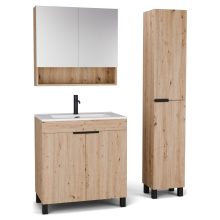 HD Paris Oak 80 komplett fürdőszoba bútor szett álló mosdószekrénnyel, matt fekete elemekkel, tükrös szekrénnyel és magasszekrénnyel