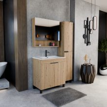 HD Paris Oak 80 komplett fürdőszoba bútor szett álló mosdószekrénnyel, matt fekete elemekkel, tükrös szekrénnyel és magasszekrénnyel