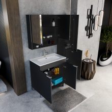 HD Paris Matt Black 80 komplett fürdőszoba bútor álló mosdószekrénnyel, fényes króm elemekkel és tükrös szekrénnyel