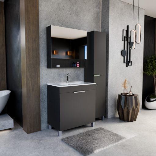 HD Paris Matt Black 80 komplett fürdőszoba bútor szett álló mosdószekrénnyel, fényes króm elemekkel, tükrös szekrénnyel és magasszekrénnyel