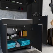 HD Paris Matt Black 80 komplett fürdőszoba bútor szett álló mosdószekrénnyel, fényes króm elemekkel, tükrös szekrénnyel és magasszekrénnyel