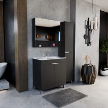 HD Paris Matt Black 80 komplett fürdőszoba bútor álló mosdószekrénnyel, szálcsiszolt króm elemekkel és tükrös szekrénnyel